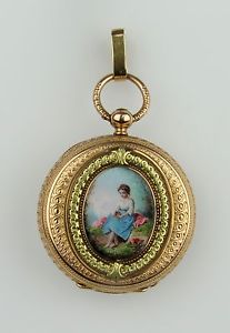 Antique Victorian 18K Gold & Swiss Enamel Portrait Ladies Pocket Watch