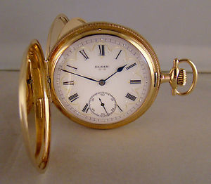 ANTIQUE ELGIN 14k SOLID GOLD HUNTER CASE FANCY DIAL 16s POCKET WATCH YEAR 1918