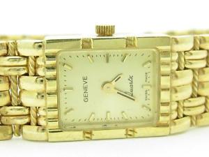 Solid 14k Yellow Gold Geneve Quartz Basket Weave Cable Design Rectangular Watch