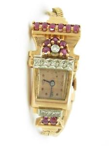 Vintage 14k Solid Rose Gold Diamond & Ruby Art Deco Ladies Estate Wrist Watch