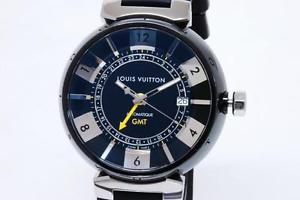 Authentic LOUIS VUITTON Q113K0 Tambour Black GMT Automatic Rubber Steel Watch