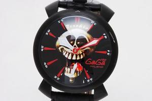 Authentic GAGA MILANO Black Enamel With Teschio Skull Bone EMO Leather Watch