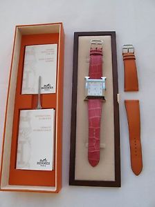 OMG! Authentic HERMES H Hour TGM Large PHW Pink Croc Strap Watch & Orange Strap