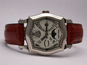 ROGER DUBUIS SYMPATHIE BI-RETRO CALENDAR 57070 18K WHITE GOLD BROWN BAND WATCH