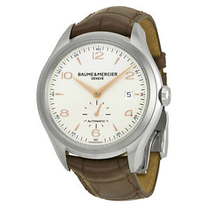 Baume and Mercier Clifton Silver Dial Brown Leather Strap Mens Watch MOA10054