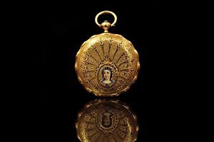 ANTIQUE ORIGINAL PERFECT  18K GOLD LOCLE HALLMARK  ENAMEL EUROPEAN POCKET WATCH