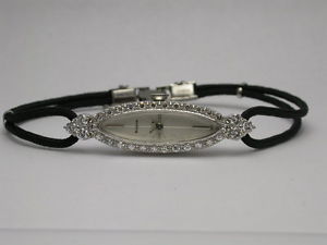 VINTAGE BULOVA 14K WHITE GOLD & DIAMONDS BLACK CORD BAND WOMEN'S WATCH