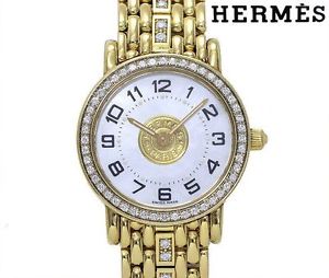 Ladies HERMES SE1 286 Diamond Bezel White Shell K18YG Yellow Gold Wrist Watch