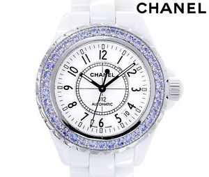 Ladies CHANEL J12 Blue Sapphire Bezel White Ceramic Date Automatic Wrist Watch