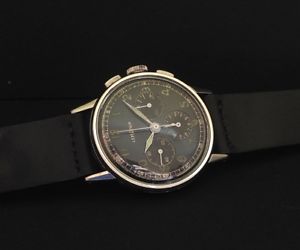 Lemania - WWII Chronograph, Military Black Lacquered Dial - Vintage Ultra Rare.