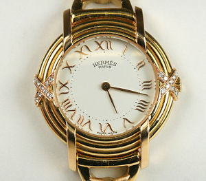 Beautiful Authentic Hermes RUBAN 18K Yellow & Rose Gold Diamond Bracelet Watch