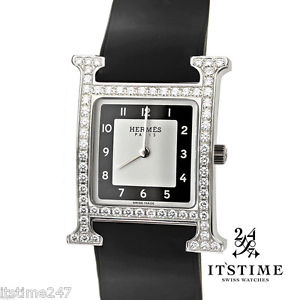 HERMES H HOUR LADIES SQUARE BLACK WATCH WITH BLACK STRAP