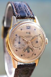 18K SOLID GOLD UNIVERSAL GENEVE VINTAGE TRIPLE DATE MOONPHASE WATCH CALIBER 291