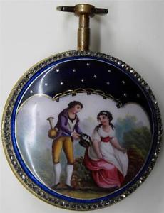 Important MUSEUM 18th C French Verge Fusee polichrome enamel&diamonds watch