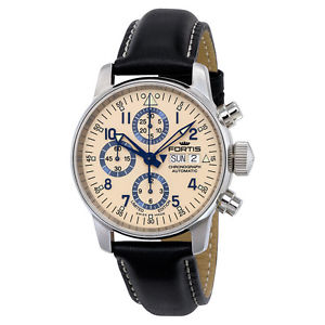 Fortis Flieger Classic Automatic Chronograph Beige Dial Black Leather Mens