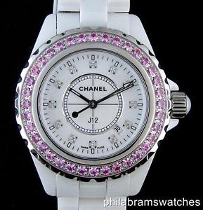 Chanel J12 H2010 Stainless Steel and White Ceramic Pink Sapphires Quartz B&P