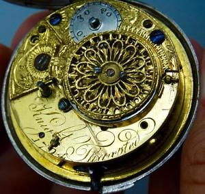 MUSEUM silver pair case Verge Fusse Watch&chain fob.Fancy enamel Erotic dial