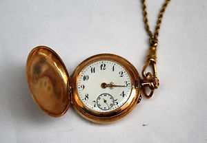 MAGNIFICENT FRENCH-SWISS 1900 AUTOMATIC 14K POCKET WATCH WITH CHAIN BY CUIVRE