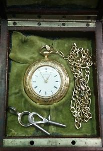CHAS E. JACOT 18K GOLD WOMENS POCKET WATCH WITH 14K GOLD CHAIN AND CASE