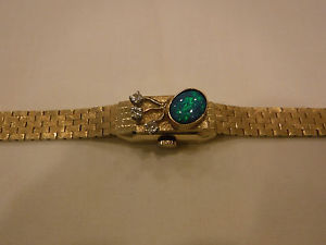 VINTAGE CUSTOM 14k GOLD AUSTRALIAN FIRE OPAL & DIAMOND WOMEN BRACELET WATCH