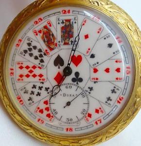 Unique Doxa gold plated Goliath size pocket watch. Fancy Poker Cards colour dial