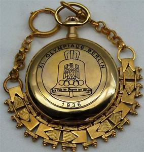 Important 14k gold&enamel Deutsche Uhrenfabric Glashütte Watch.Olympic c1936