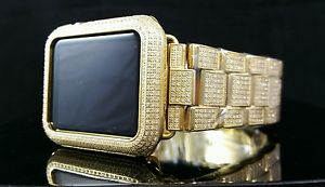 Yellow Gold Plated Real Diamond Apple WATCH SPORT 42mm Stainless Steel Band 5ct