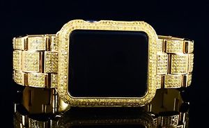 Yellow Gold Plated Real Diamond Apple WATCH SPORT 42mm Stainless Steel Band 5ct