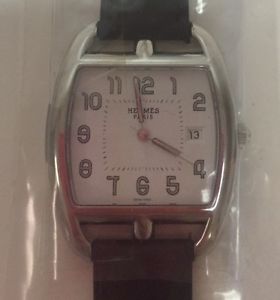 HERMES LADIES CAPE COD TONNEAU WATCH BLACK AND ÉTOUPE LEATHER STRAPS WHITE DIAL