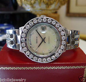 Mens GENEVE Automatic Day Date 18K White Gold Mother of Pearl Diamond Watch