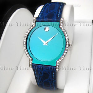 Men's Movado HORIZON SAPPHIRE Diamond 18K Solid Gold Aqua Blue Swiss Watch RARE