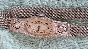ANTIQUE HOFFRERS WOMEN'S  PLATINUM WATCH W DIAMONDS w 18K GOLD BAND