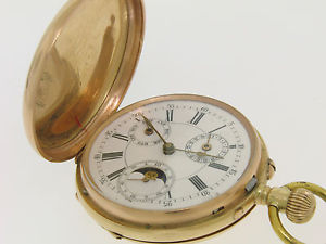 Antique 14k Solid Gold French Day Date Moon Phase Qualite Lepine Pocket Watch