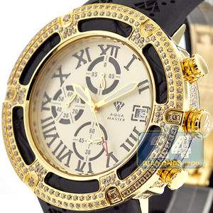 Mens Diamond Watch Aqua Master El Russo 5.35 ct Yellow Gold Black Rubber