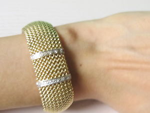 HEAVY 14K Yellow Gold Mesh Diamond Dome Wide BRACELET Bangle Hidden Watch 2 in 1