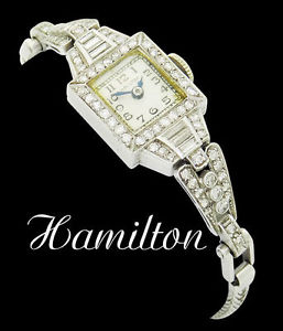 Hamilton Antique Platinum & Apx 1.00 Ct TCW Diamond Watch 14k Gold Bracelet W60