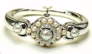Vintage L Piccard 14k White Gold Diamond Pearl ladies Bangle Wrist Watch ca 1940