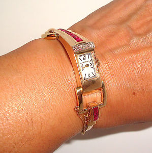 Retro 14k Rose Gold, VS1 diamonds & Rubys Lady's 33 Gr Geneve Watch Fine Watches