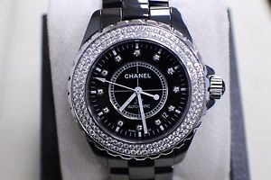 CHANEL J12 BLACK CERAMIC WATCH DIAMOND BEZEL & HOUR MARKERS BOX & BOOKLETS