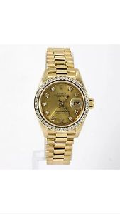 Lady's 18k Yellow Gold Oyster Perpetual Date Just Diamond Bezel, Diamond Dial,