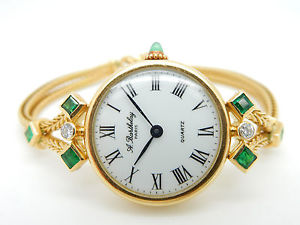 A. Barthelay Ladies Solid 18K Yellow Gold Natural Emerald & Diamond Wrist Watch