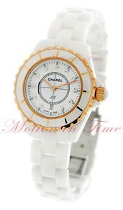 Chanel J12 White Ceramic Quartz 33mm Rose Gold Ceramic Bezel &Diamond Dial H2181