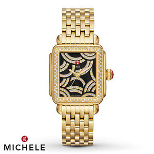 NWT AUTHENTIC MICHELE Art Deco Black Diamond/GOLD BRACELET MWW06T000119 $3800