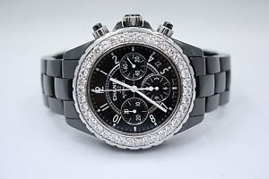 CHANEL J12 CHRONO BLACK CERAMIC 41MM AUTOMATIC DIAMOND ENCRUSTED WATCH REF:H0940