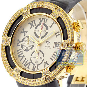 Mens Diamond Watch Aqua Master El Russo 5.35 ct Iced Out Yellow Gold Leather