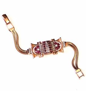 Bulova 14k rose gold retro diamond .59ct SI2 H ruby womens dress watch 32.5g