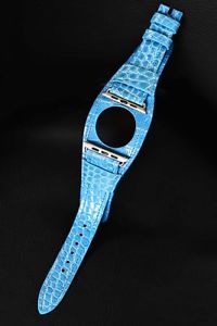 ATTILA ASZODI HANDMADE BLUE SHINY ALLIGATOR BUND STRAP FOR 42MM APPLE WATCH