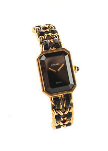 AUTH CHANEL Black Face Gold Chain with Black Leather Ribbon Watch EVHB
