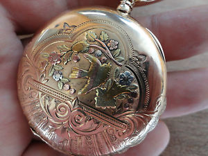 GORGEOUS 14K SOLID GOLD ELGIN POCKET WATCH 16S.MULTICOLORED GOLD SCENE