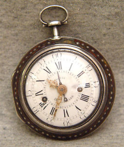 mid 1700s verge pair cased alarm ~ underpainted horn case